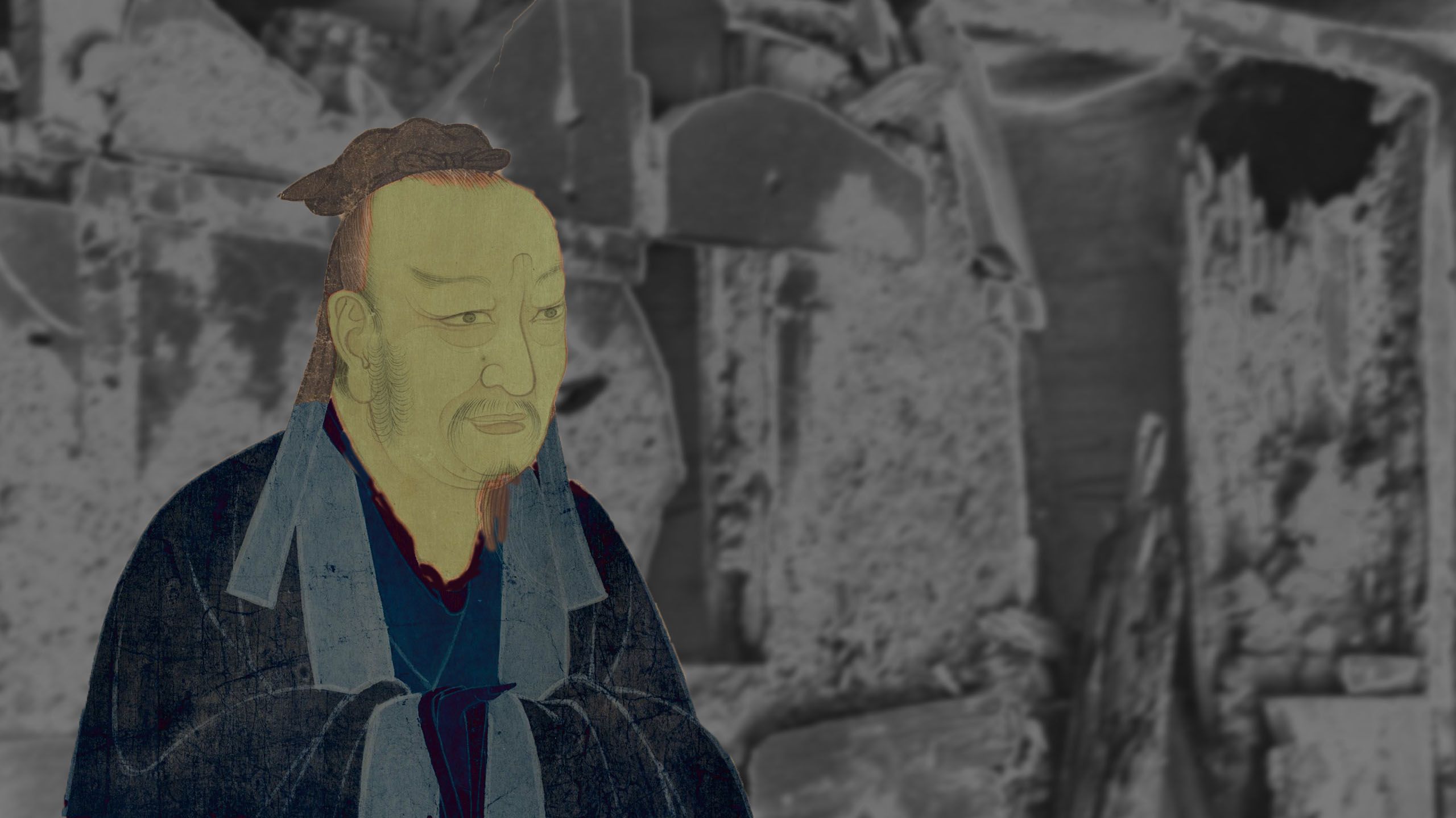 Same scholar, now pale, in front of ruins