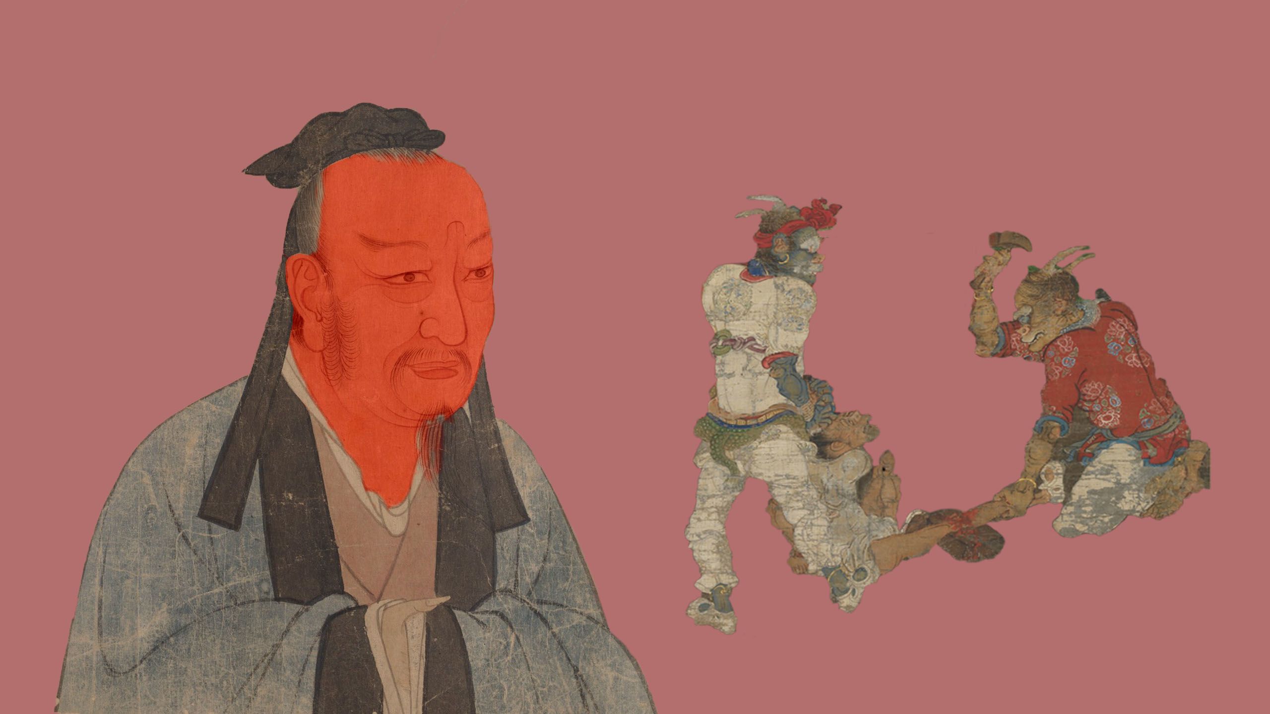 Same scholar with red face suffering hellish torments