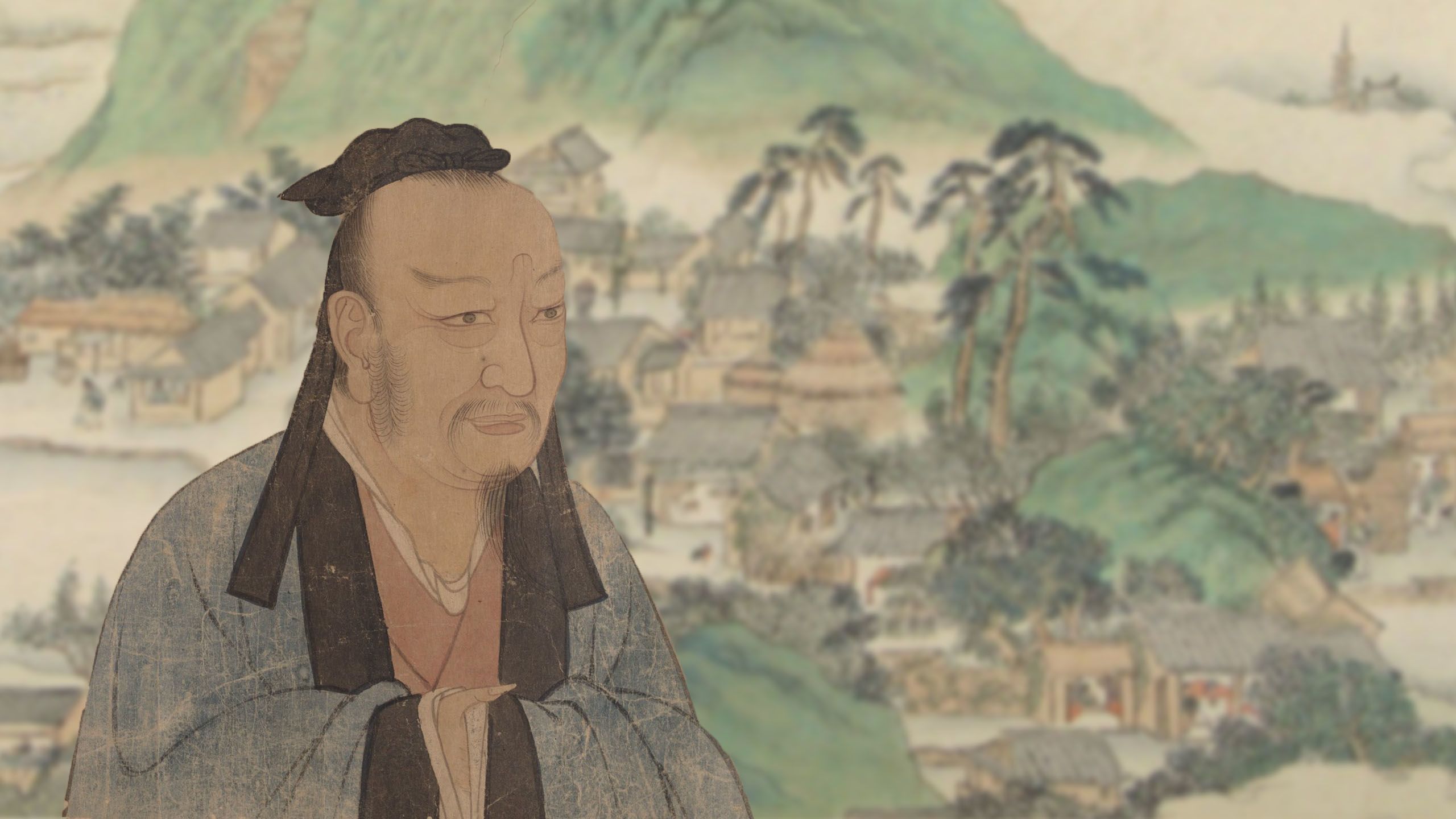 Chinese scholar against peaceful green background