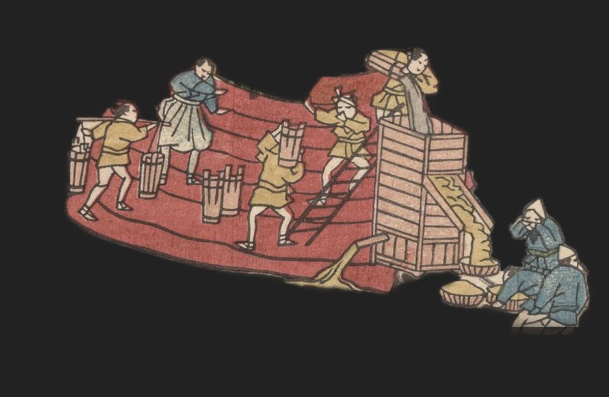 Workers processing excrement and holding their noses