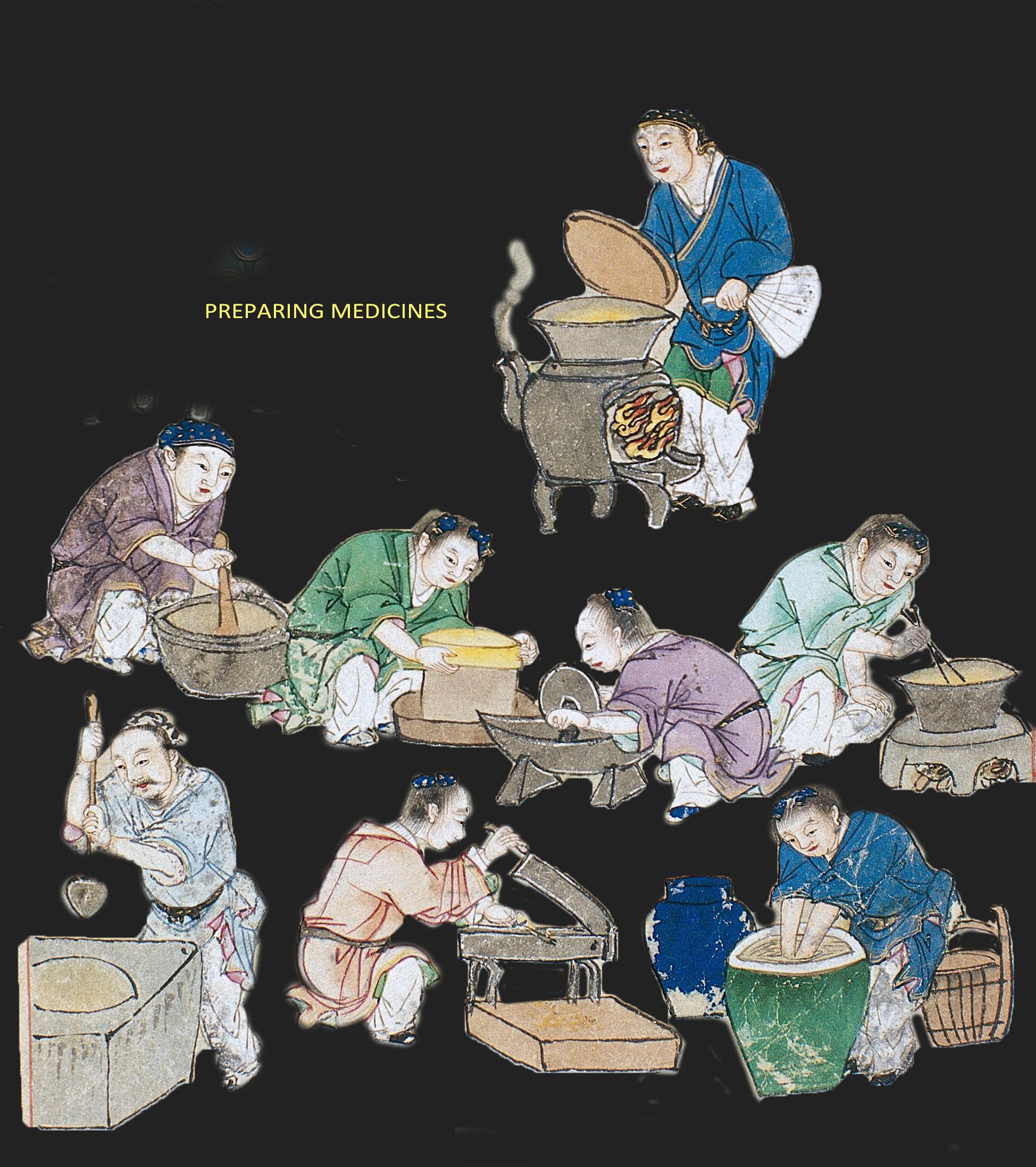 Scene of various ways of preparing herbs to become medicines