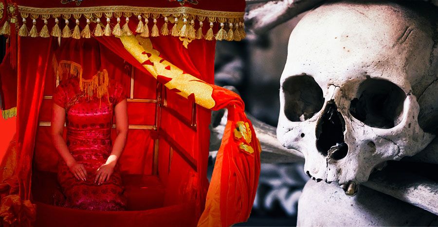 Juxtaposition of Chinese bride in red and white skeleton